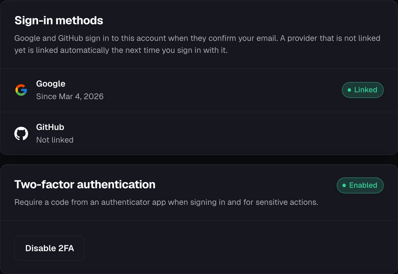 Sign-in methods with Google linked and GitHub not linked, and two-factor authentication enabled.