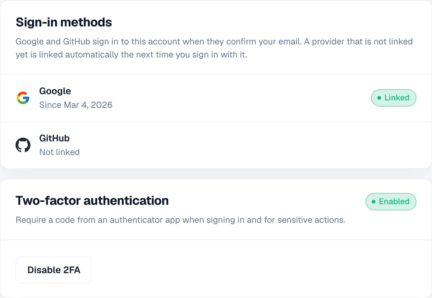 Sign-in methods with Google linked and GitHub not linked, and two-factor authentication enabled.