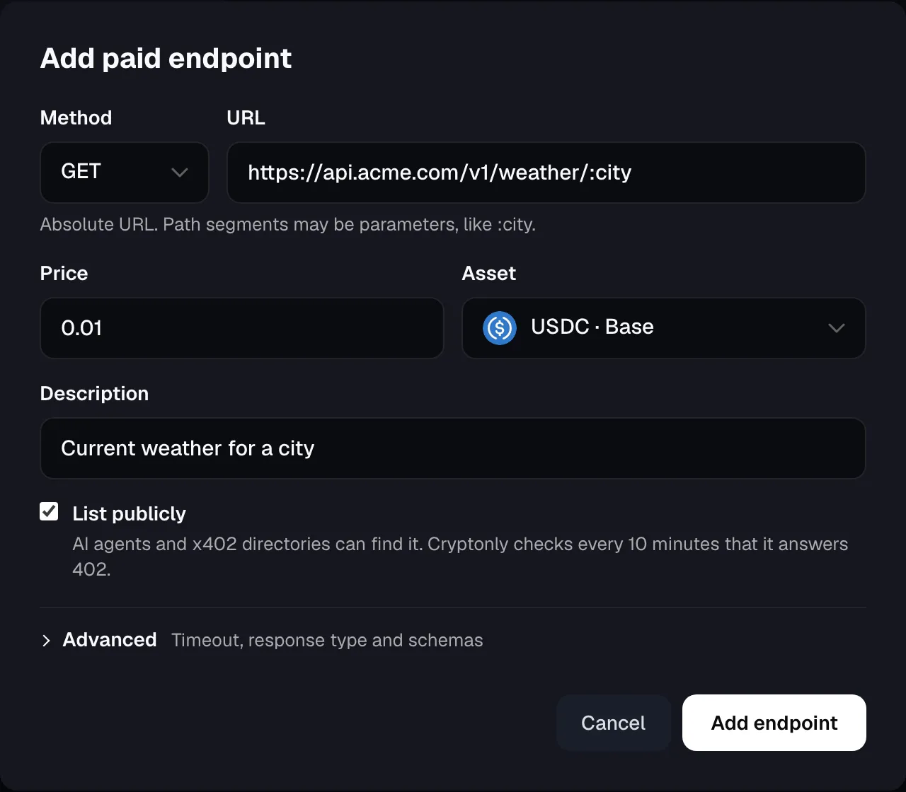 Add paid endpoint form: GET https://api.acme.com/v1/weather/:city, price 0.01 USDC on Base, a description, and List publicly checked.