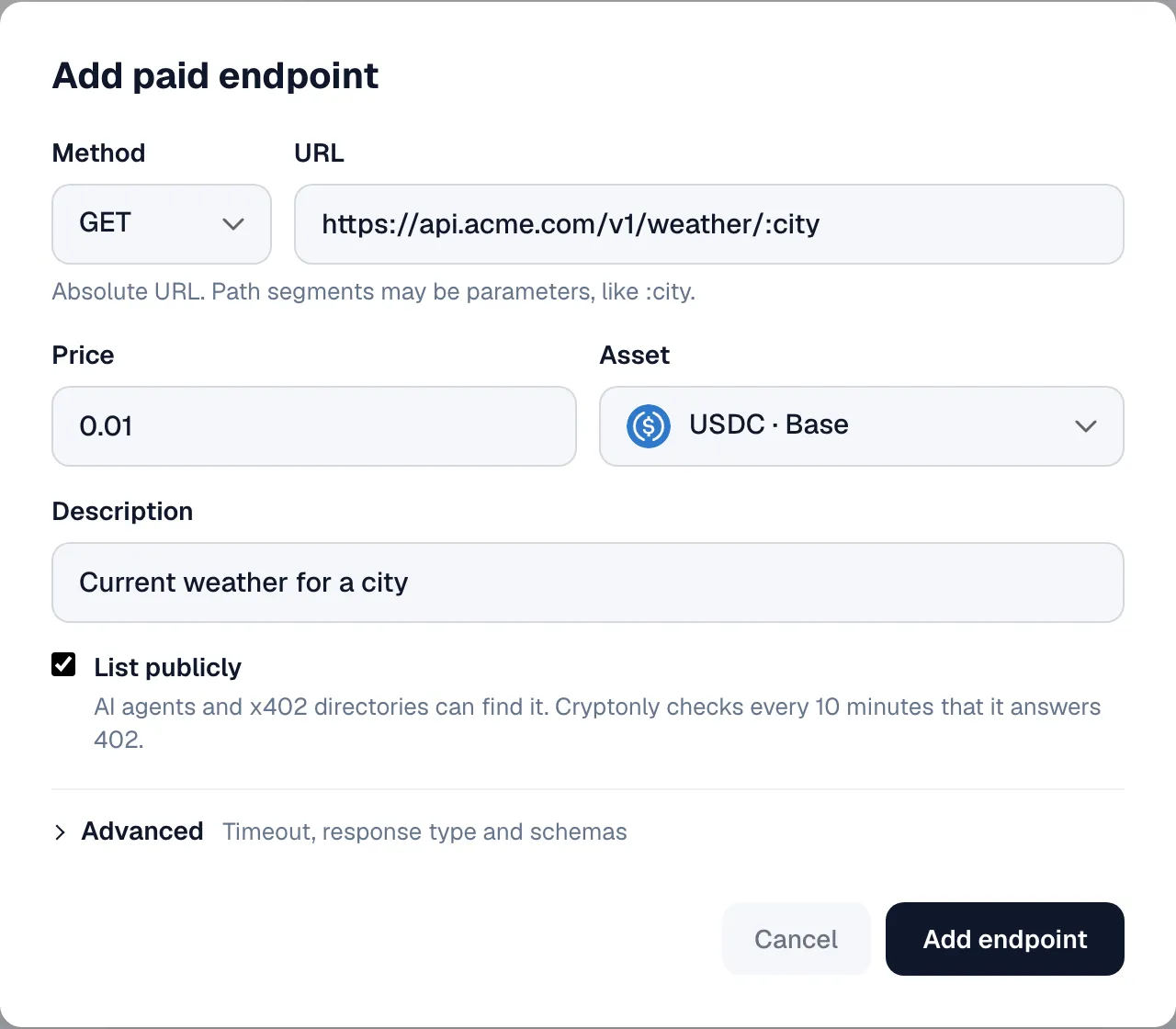 Add paid endpoint form: GET https://api.acme.com/v1/weather/:city, price 0.01 USDC on Base, a description, and List publicly checked.