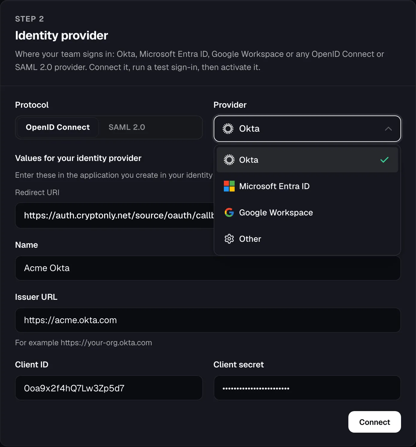 Identity provider form with OpenID Connect selected and the provider list open: Okta, Microsoft Entra ID, Google Workspace and Other.