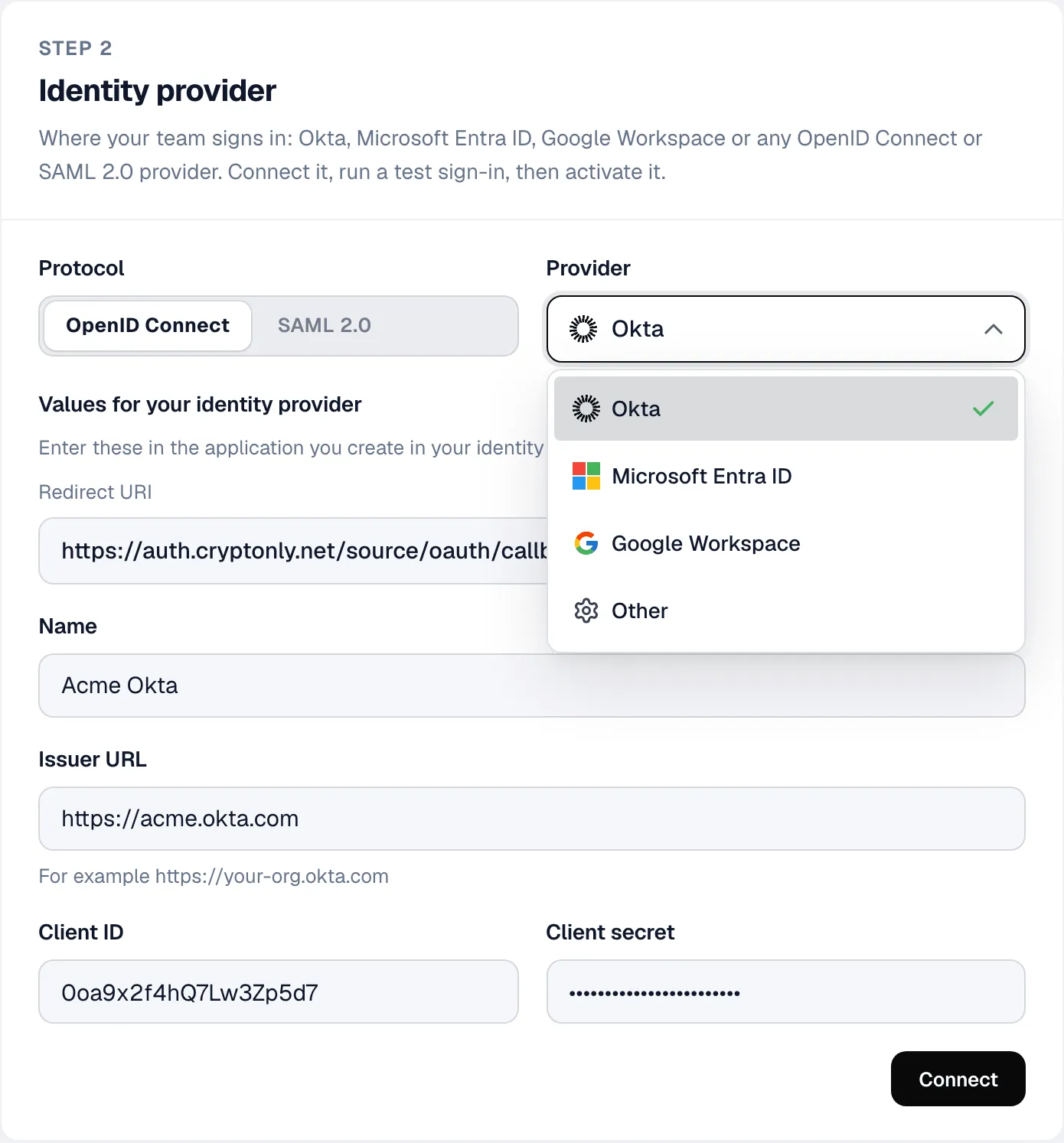 Identity provider form with OpenID Connect selected and the provider list open: Okta, Microsoft Entra ID, Google Workspace and Other.