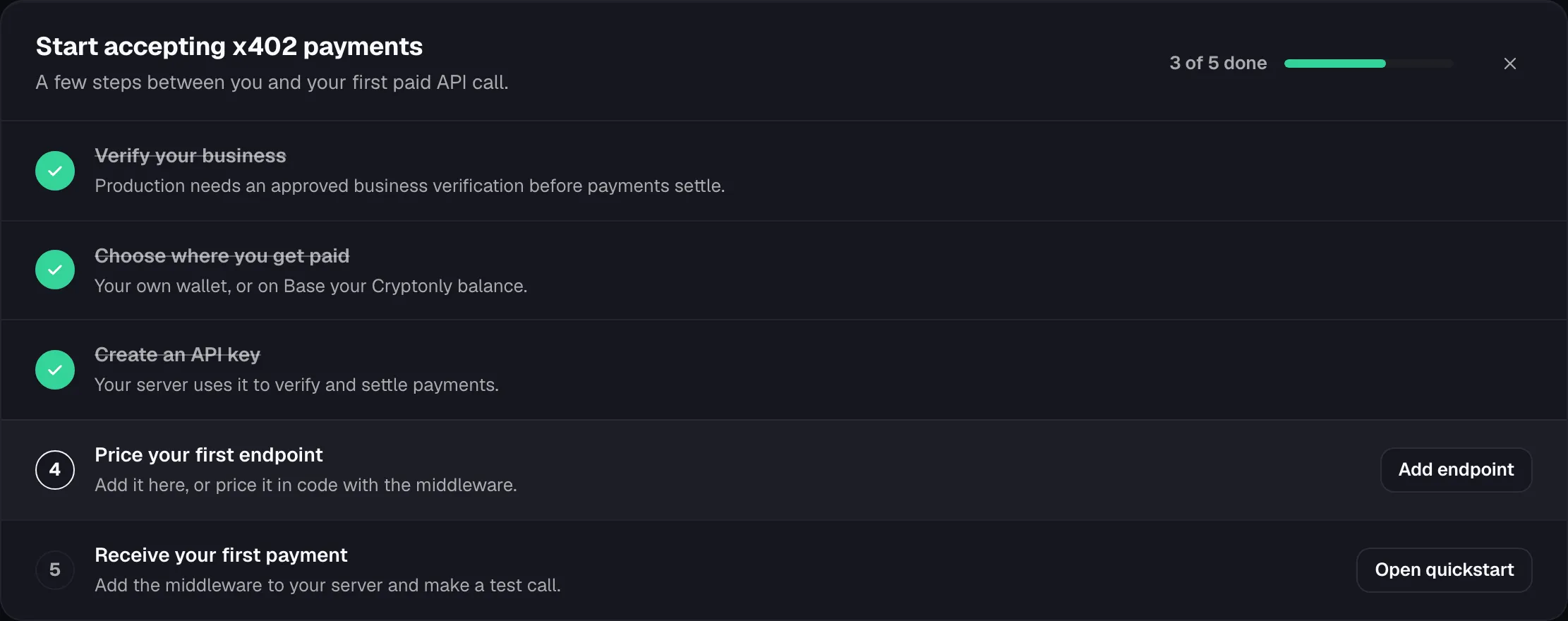 Start accepting x402 payments checklist: business verified, payout chosen and API key created are done; price your first endpoint and receive your first payment are next.