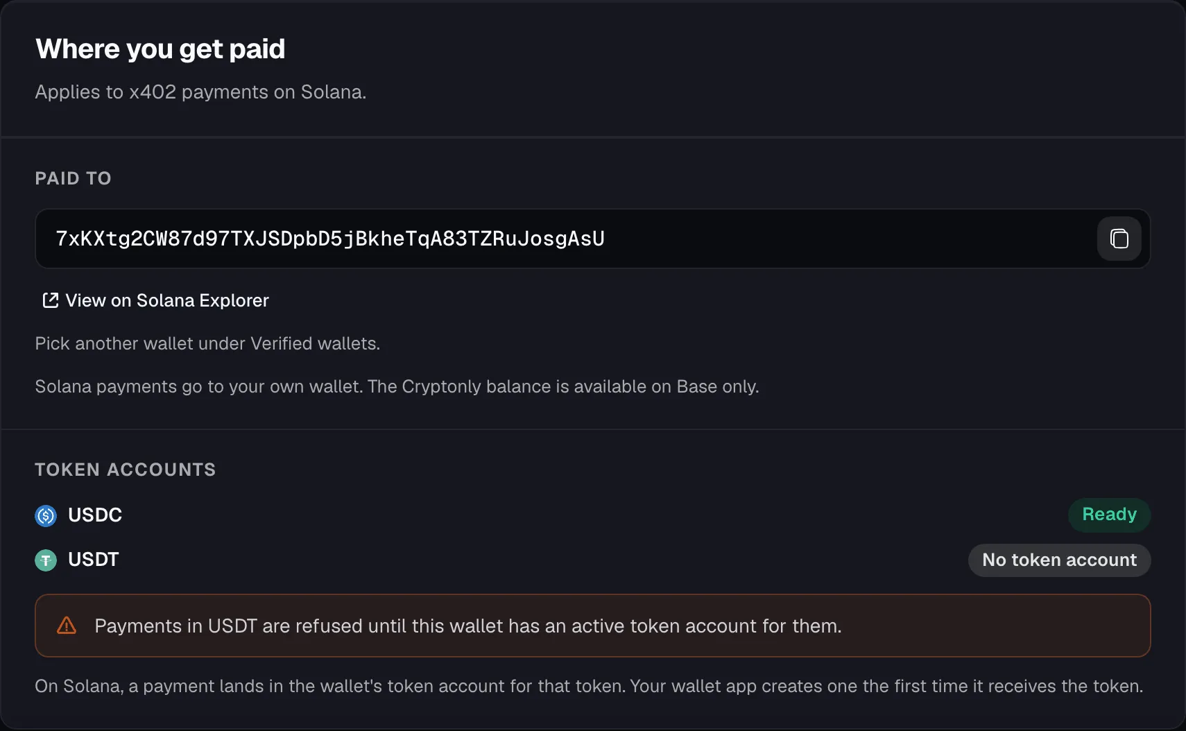 Where you get paid card on Solana: the Phantom wallet is paid, its USDC token account is ready, and USDT has no token account, so USDT payments are refused.
