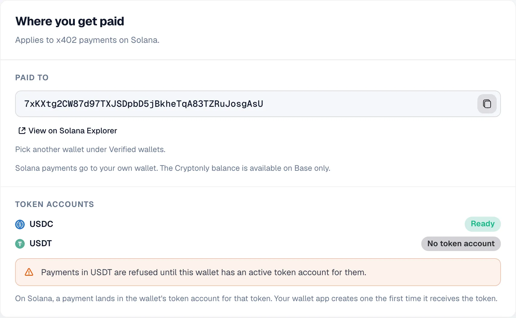 Where you get paid card on Solana: the Phantom wallet is paid, its USDC token account is ready, and USDT has no token account, so USDT payments are refused.