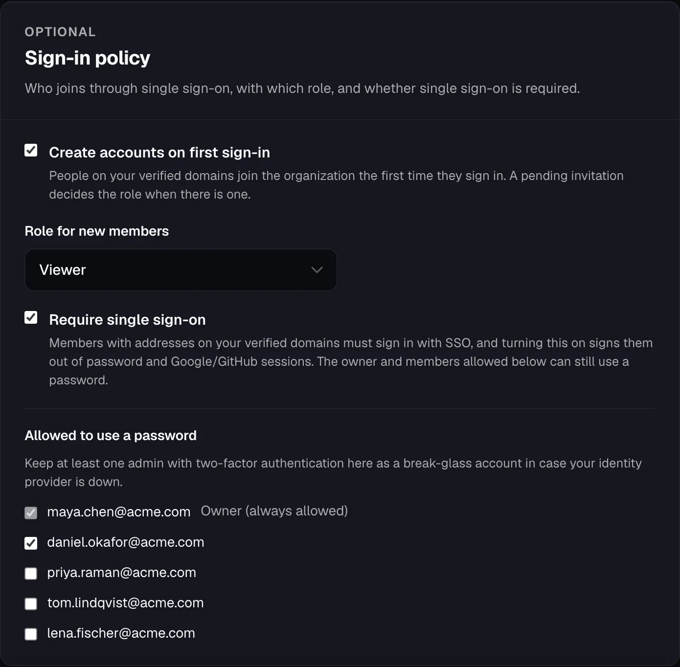 Sign-in policy: accounts created on first sign-in as Viewer, single sign-on required, and the owner and one admin allowed to use a password.