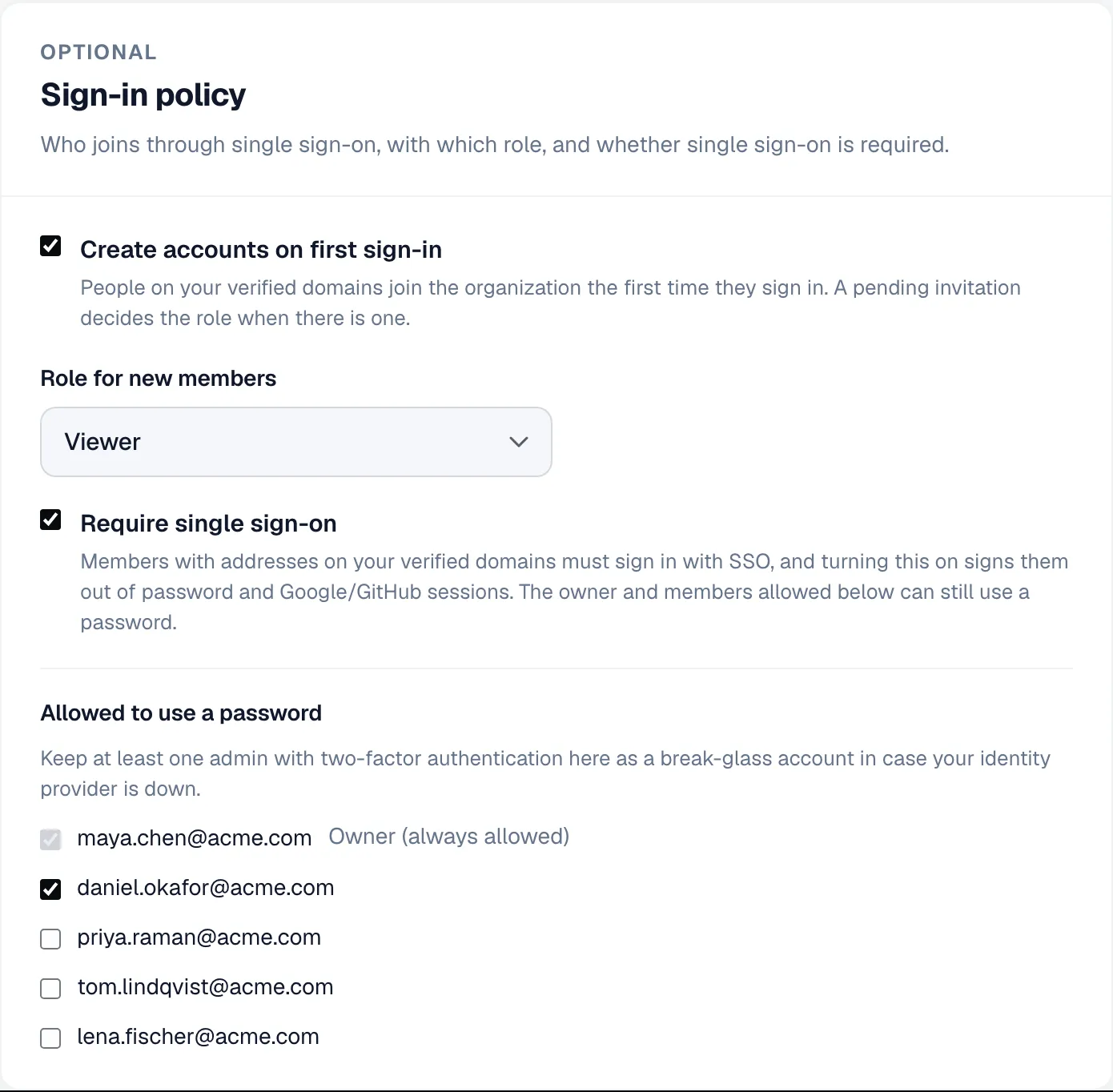 Sign-in policy: accounts created on first sign-in as Viewer, single sign-on required, and the owner and one admin allowed to use a password.