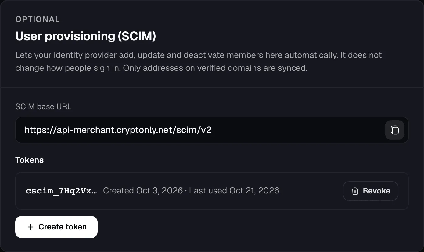 User provisioning card with the SCIM base URL and one active token.
