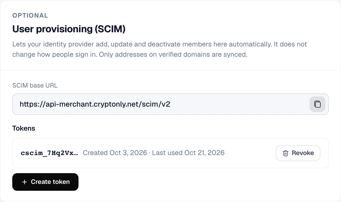 User provisioning card with the SCIM base URL and one active token.