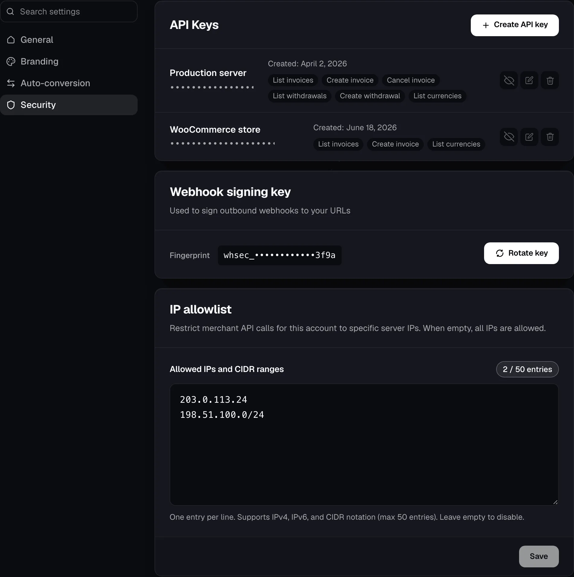 Account Settings → Security with two API keys and their scopes, the Webhook signing key with Rotate key, and the IP allowlist.