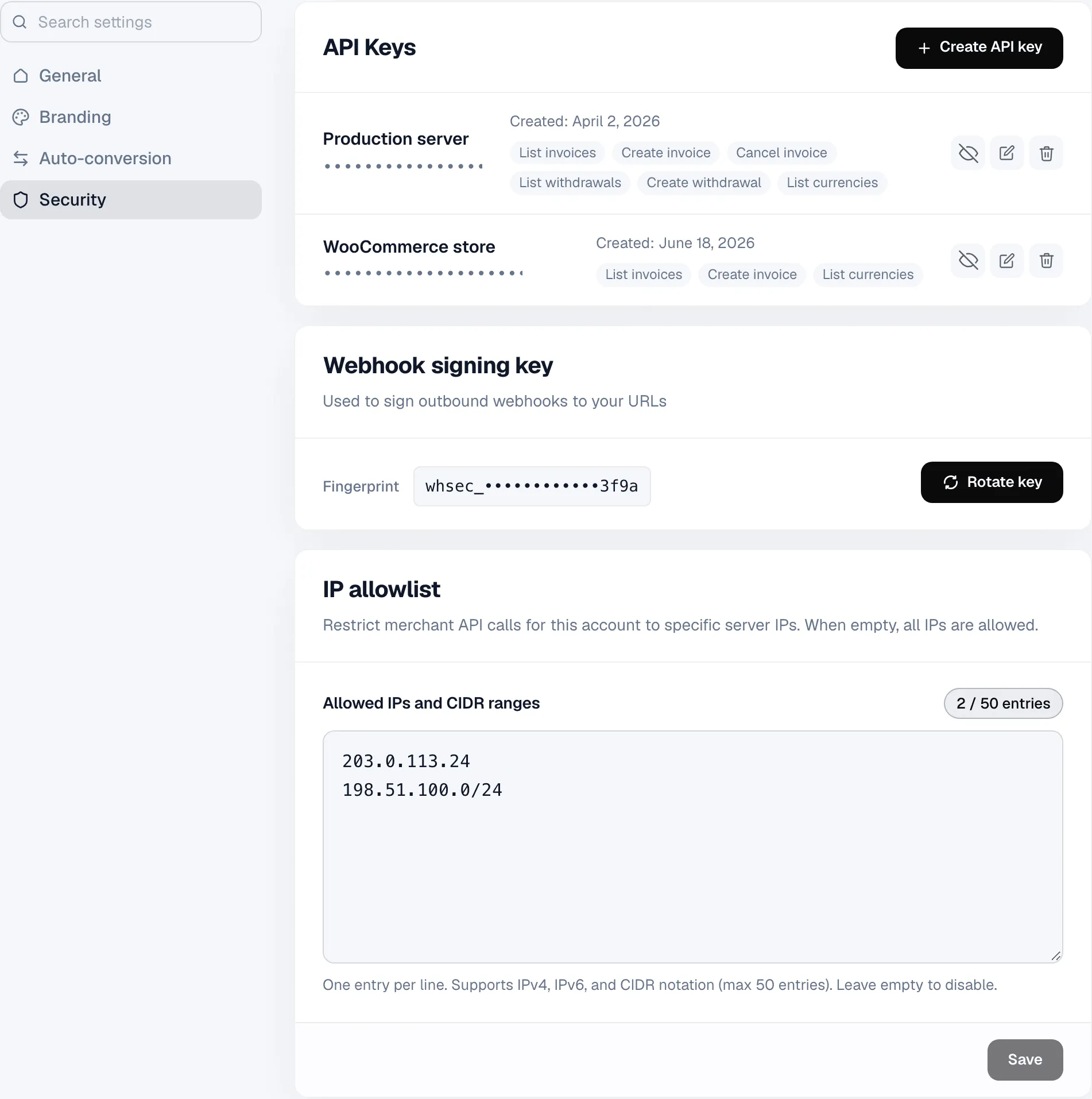 Account Settings → Security with two API keys and their scopes, the Webhook signing key with Rotate key, and the IP allowlist.