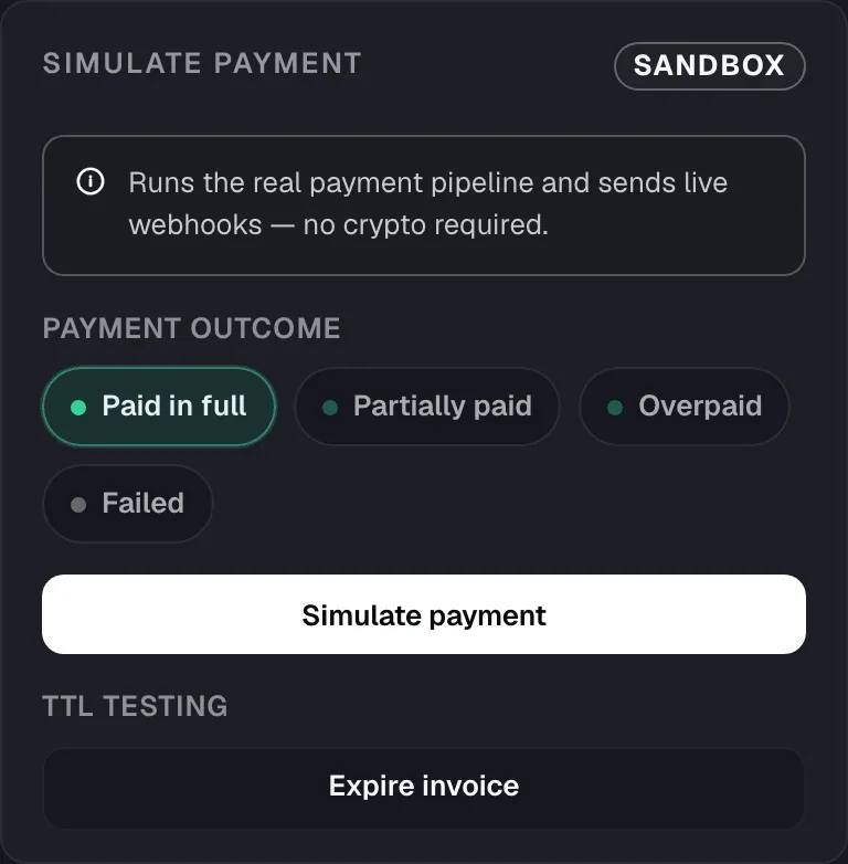 Simulate payment card in the invoice drawer, with the Sandbox badge, Paid in full selected and the Simulate payment button.