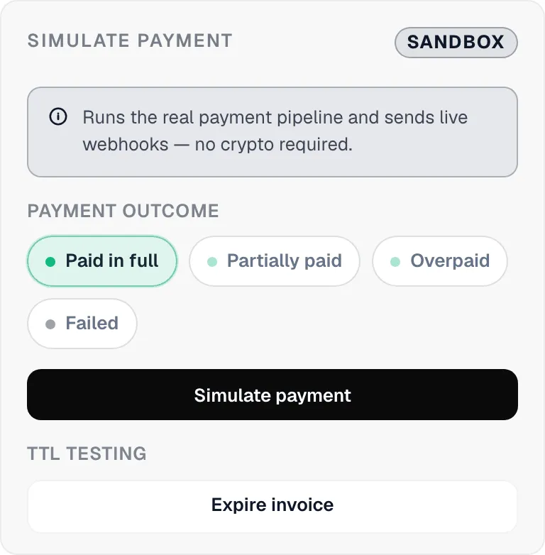 Simulate payment card in the invoice drawer, with the Sandbox badge, Paid in full selected and the Simulate payment button.