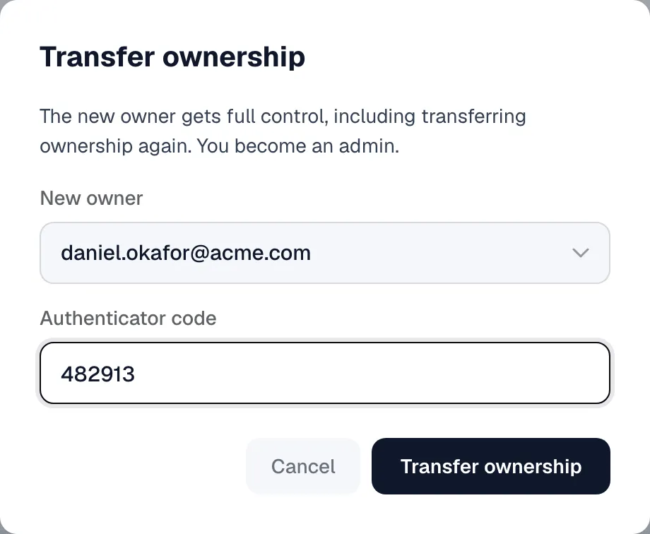 Transfer ownership dialog with an admin chosen as the new owner and an authenticator code field.