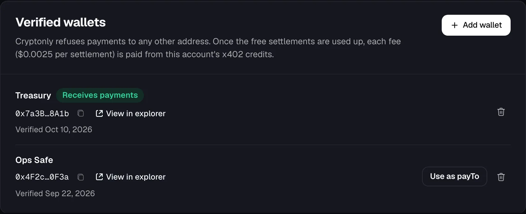 Verified wallets card on Base: Treasury receives payments, Ops Safe can be used as payTo, with an Add wallet button.