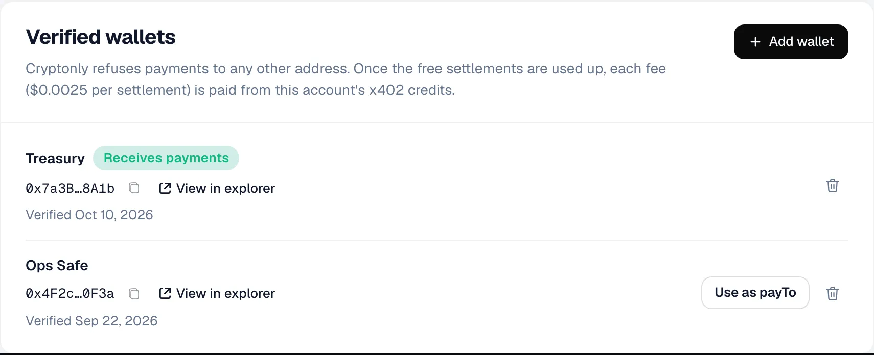 Verified wallets card on Base: Treasury receives payments, Ops Safe can be used as payTo, with an Add wallet button.