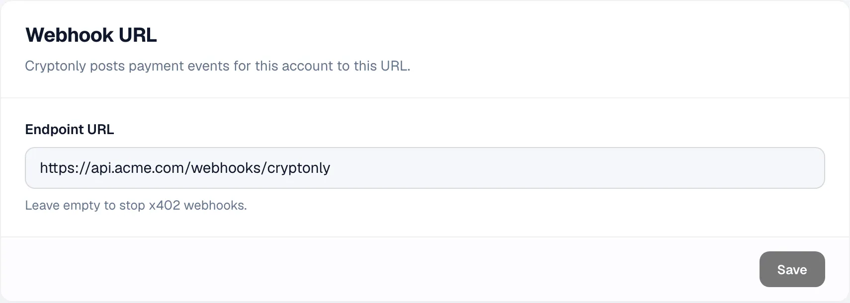 Webhook URL card with the endpoint URL https://api.acme.com/webhooks/cryptonly.