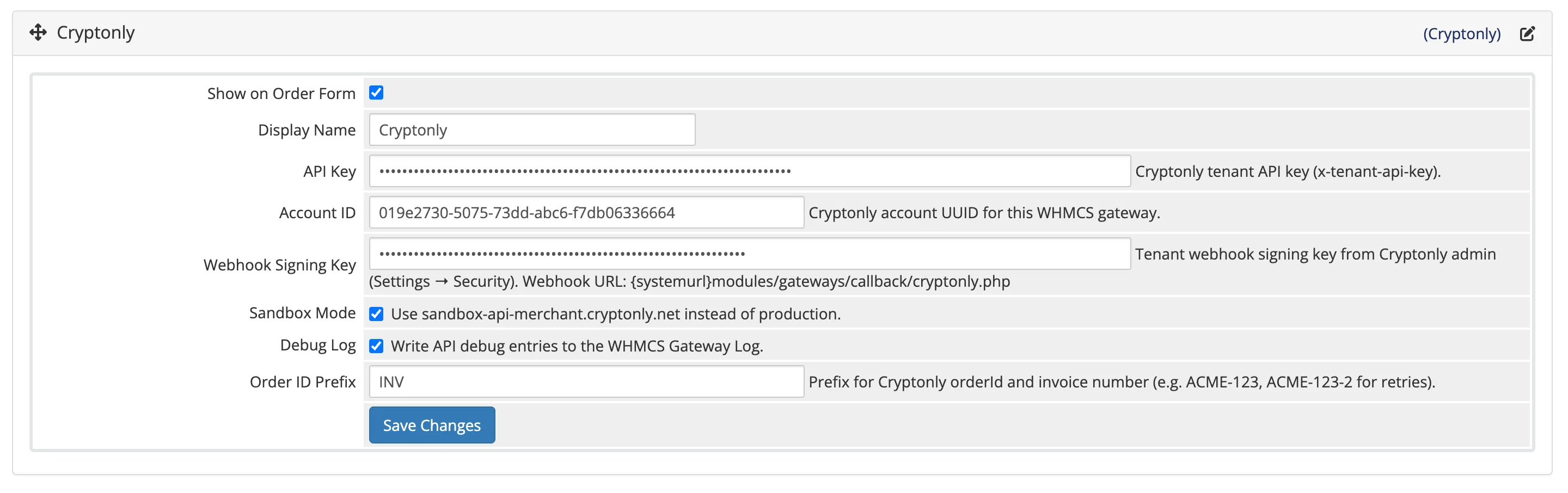 WHMCS gateway settings